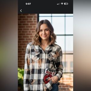 NU VINTAGE Plaid Flannel Shirt with sequined appliqués  on front EUC